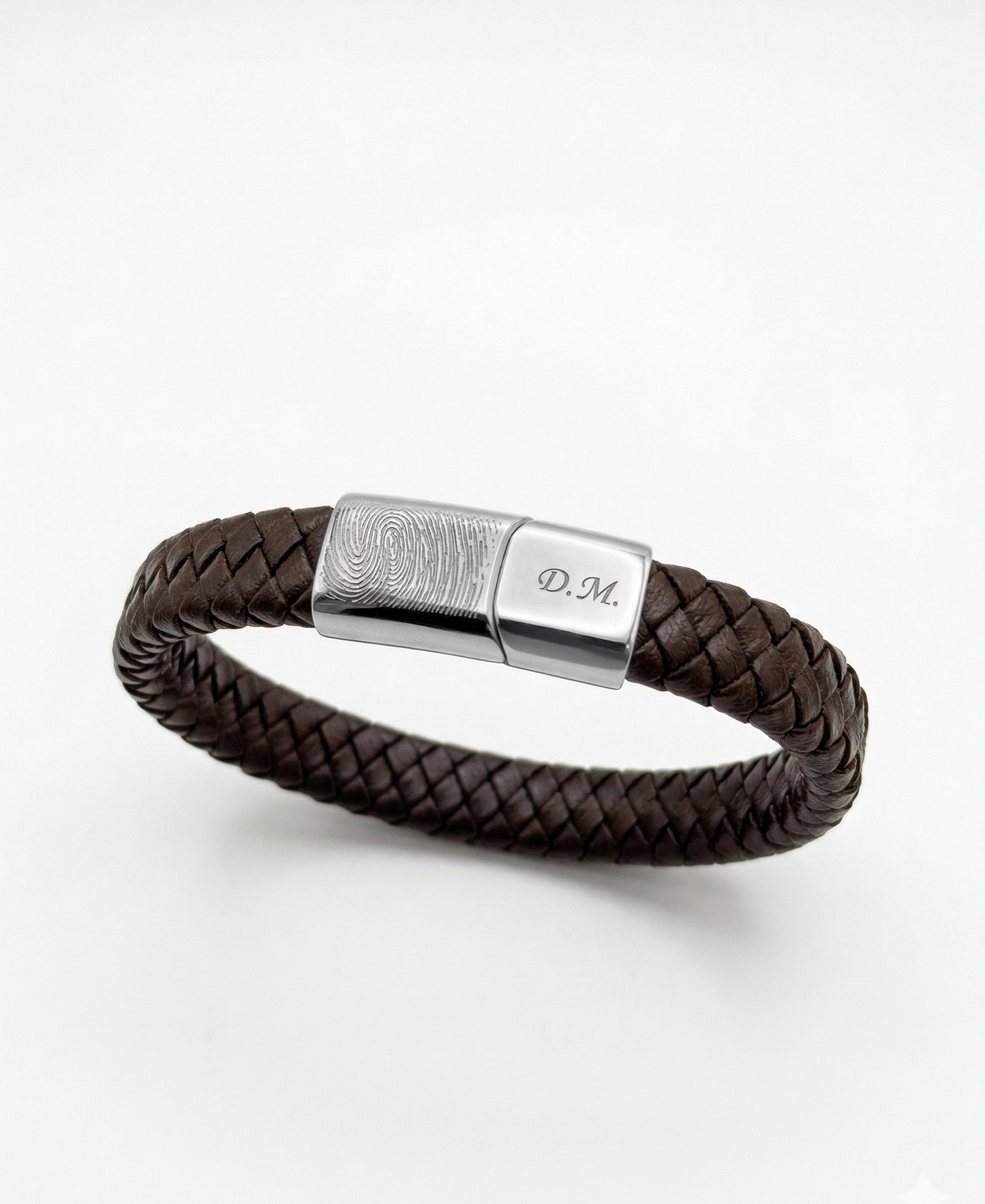 Lederen vingerafdruk armband bruin-zilver