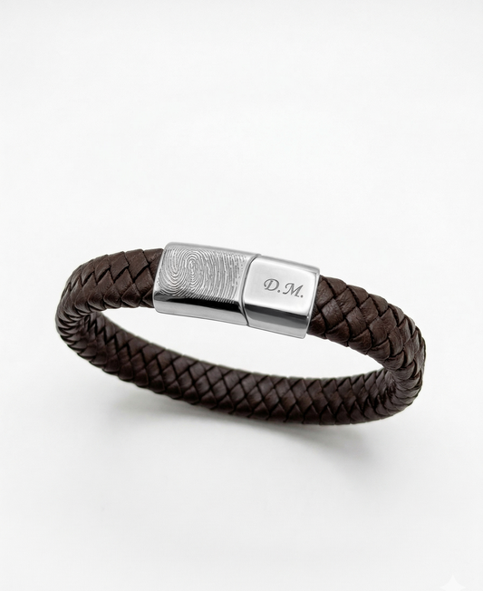 Lederen vingerafdruk armband bruin-zilver
