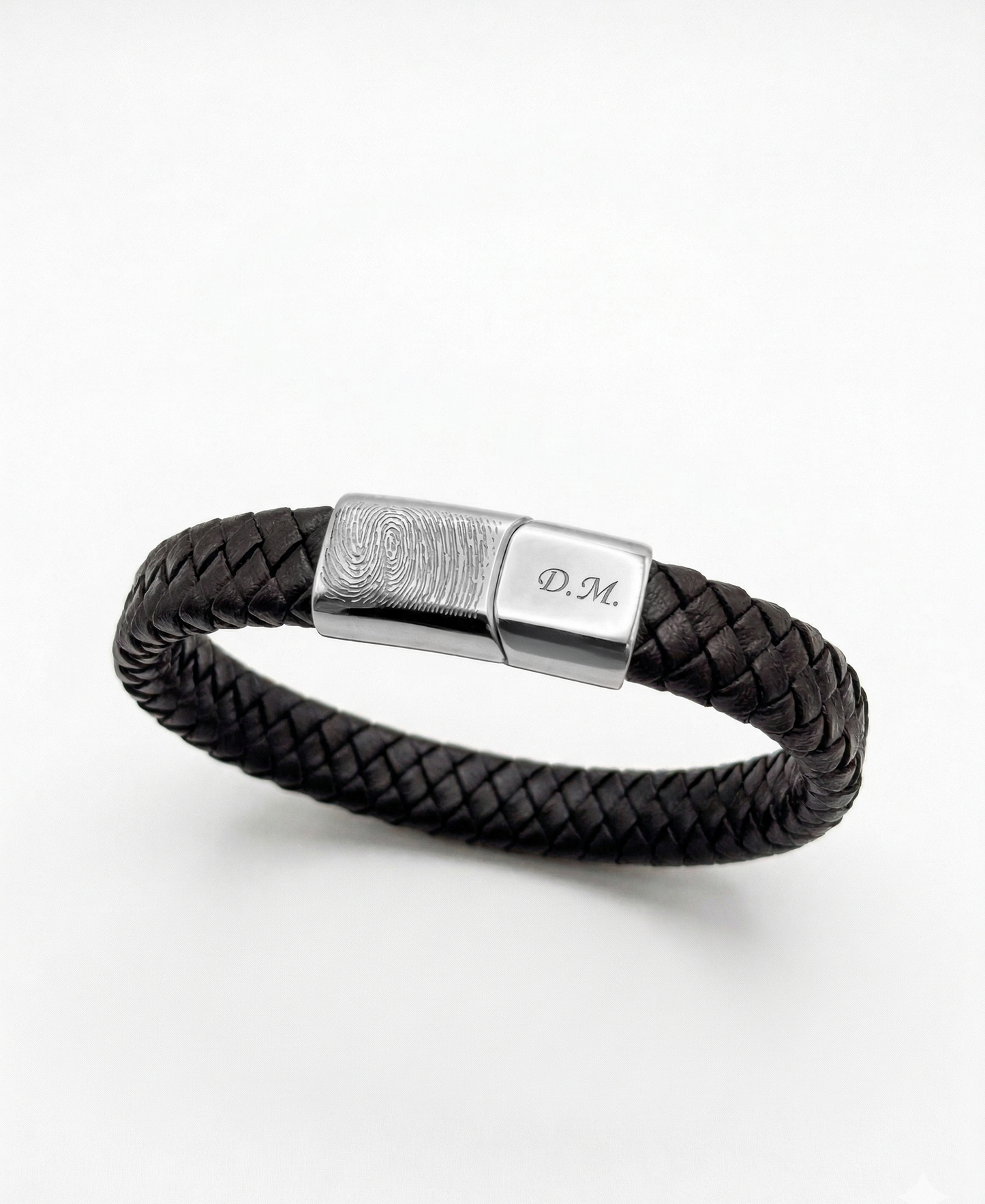 Lederen vingerafdruk armband zwart-zilver
