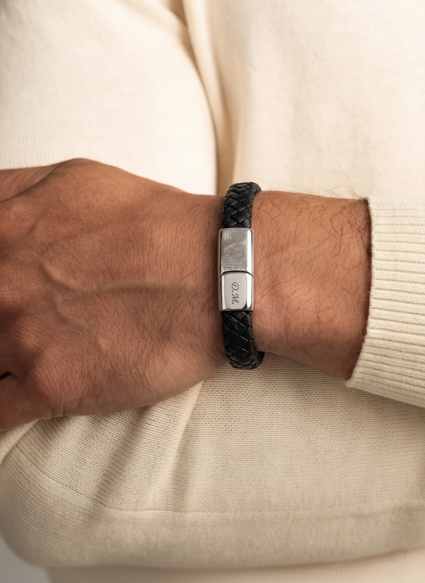 Lederen Heren Armband met Vingerafdruk Zwart met Zilver | Hera Hues