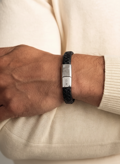 Lederen Heren Armband met Vingerafdruk Zwart met Zilver | Hera Hues