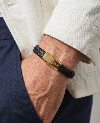 Lederen Heren Armband met Vingerafdruk Zwart met Goud | Hera Hues
